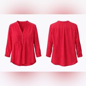 Women's Pintuck V-Neck Button Tunic in Bright Red